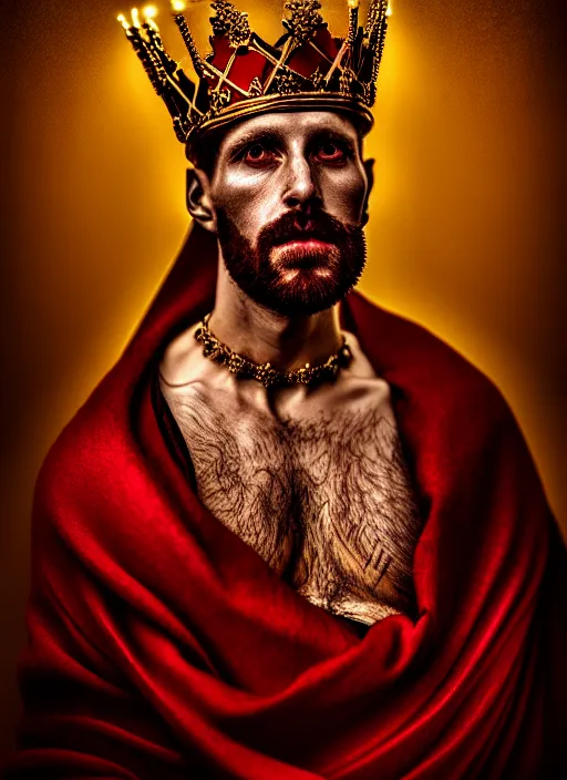 Image similar to 'Portrait of Crowned King Arthur' by Lee Jeffries royally decorated, whirling plasma, atmospheric motes, red and gold Sumptuous garb, gilt silk fabric, radiant colors, fantasy, perfect lighting, studio lit, micro details,