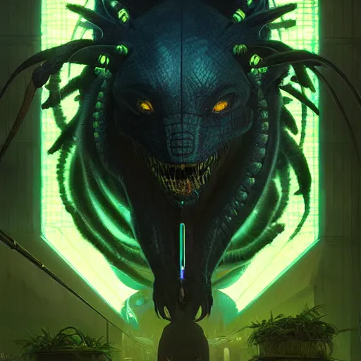 Image similar to menacing aggressive black creature made out of needles, archdemon, in a gas station, aggressive harsh fluorescent industrial green/blue lighting, extremely detailed digital matte painting buy Greg Rutkowski and Alphonse Mucha