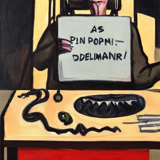 Image similar to A Python programmer's despair, oil on canvas, 1963