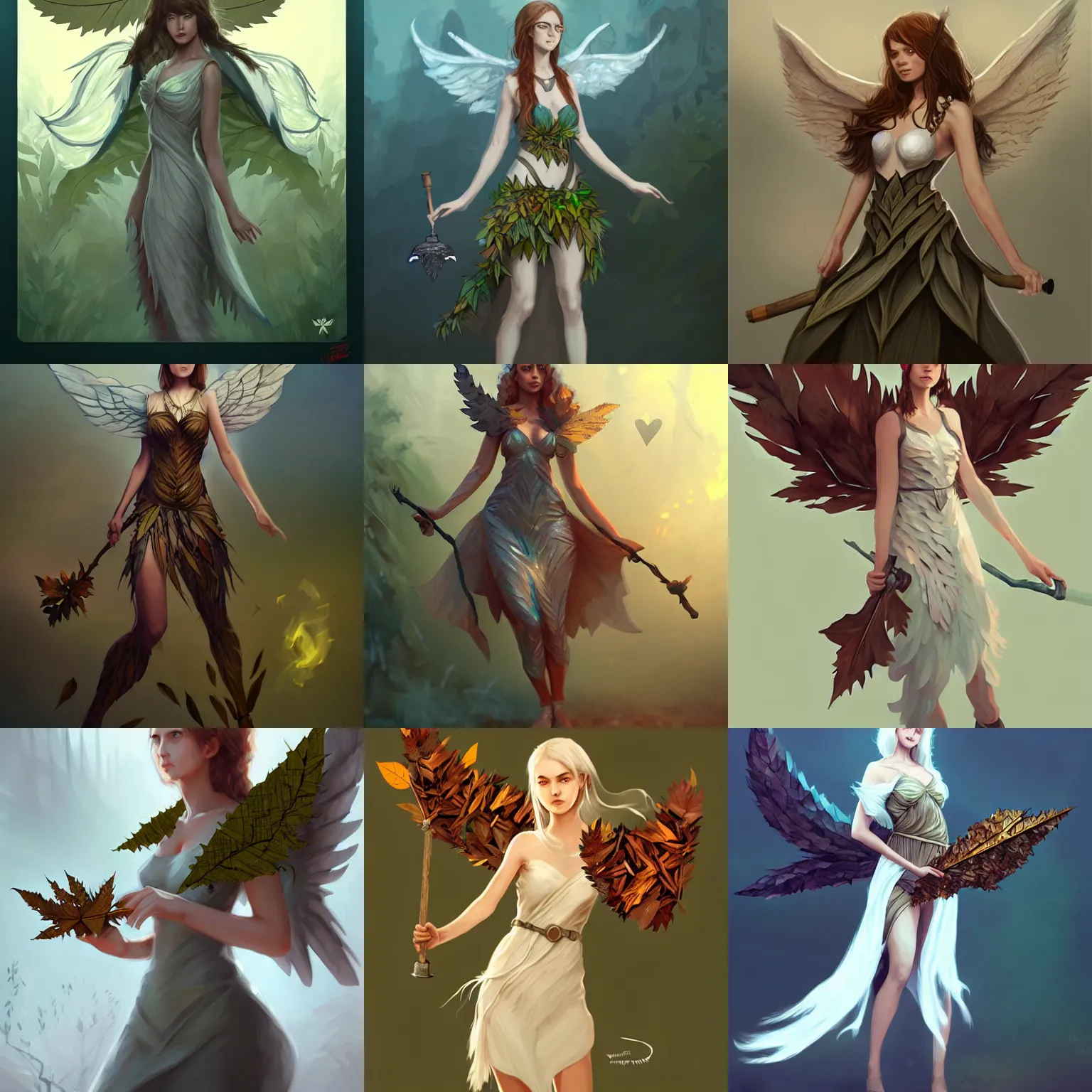 Prompt: a girl with wings made of leaves, she is holding a mace, concept art by muggur, white dress, artstation contest winner, fantasy art, concept art, 2 d game art, tarot card