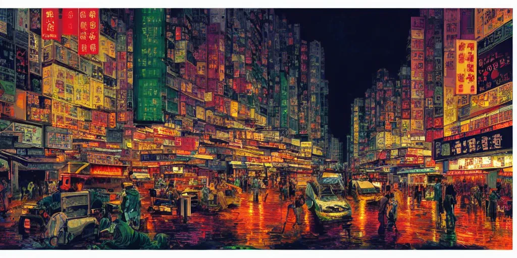 Image similar to artwork of a hong kong street, by dan mumford and peter doig, highly detailed, dramatic lighting, 8 k