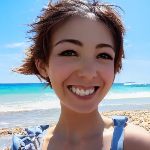 Prompt: a cute anime girl standing on the beach, smiling at the camera