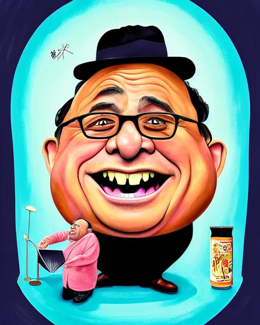 Image similar to painting portrait of danny devito as a ham, cartoon, warm lighting, danny devito has a ham body, danny devito's face on a ham. movie poster, illustration by bartek fedyczak, erak note, tooth wu, neil richards, kan liu, siwoo kim, jisu choe, trending on art station