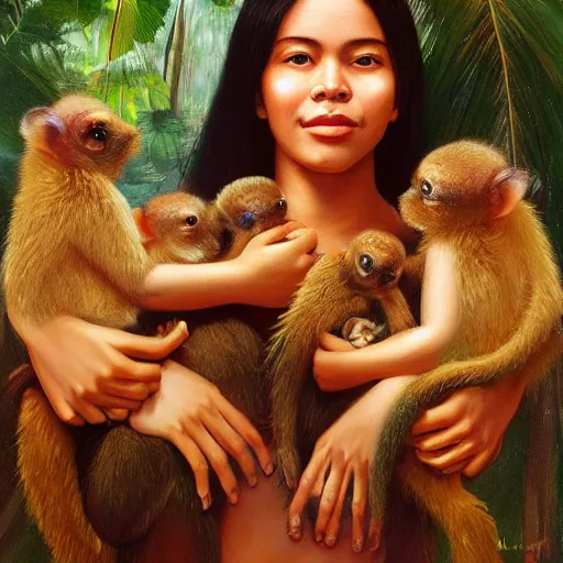 Prompt: a ultradetailed beautiful painting of ( ( ( ( a latina brazilian venezuelan young woman holding several small monkeys in the amazonas ) ) ) ) by cheng hsiao - ron, ngai victo, by wlop and dougherty patrick, trending on artstation