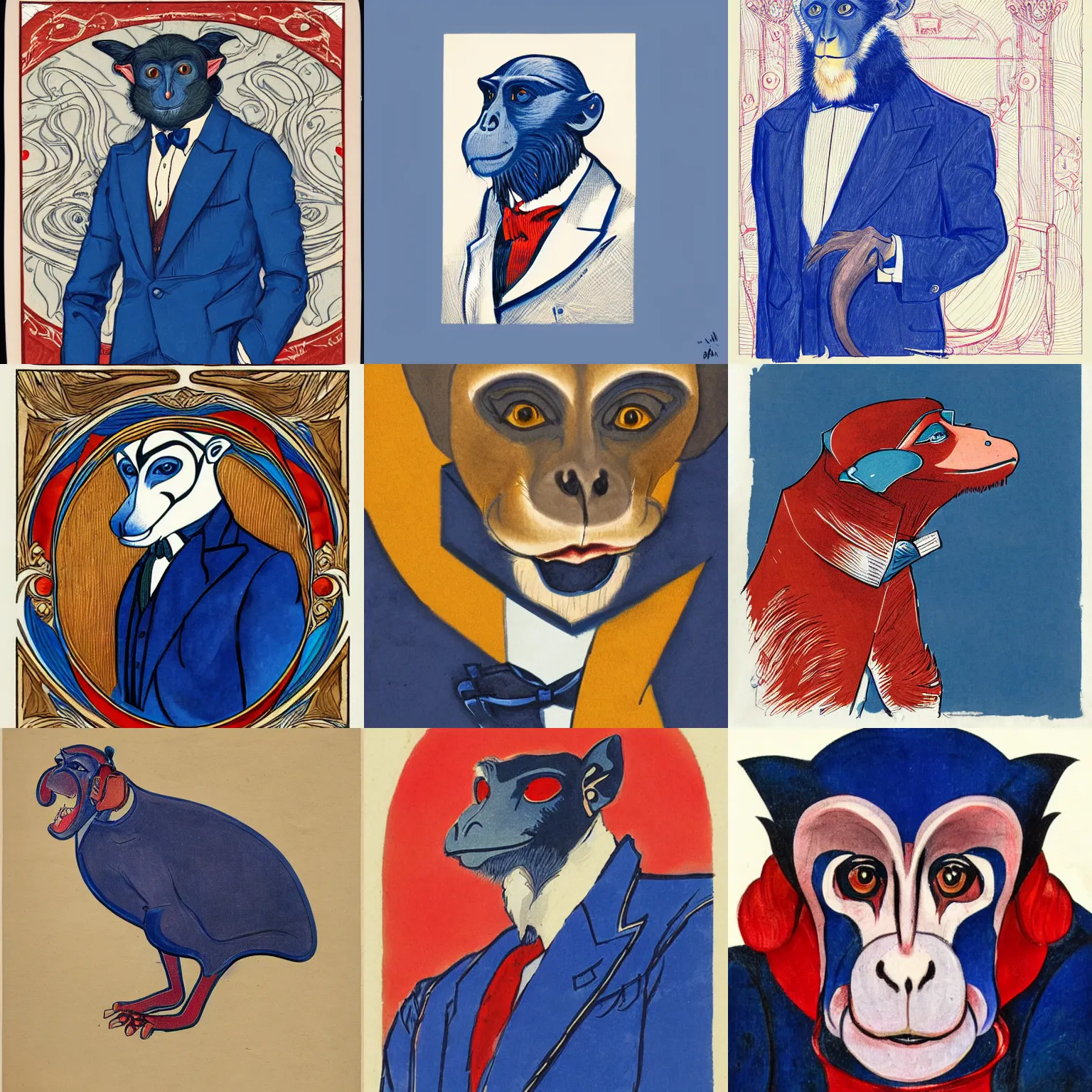 Prompt: art nouveau illustration of hound - eared monkey - crow wearing a suit, portrait, ultramarine blue and venetian red, sharp details, sketchy expressive linework