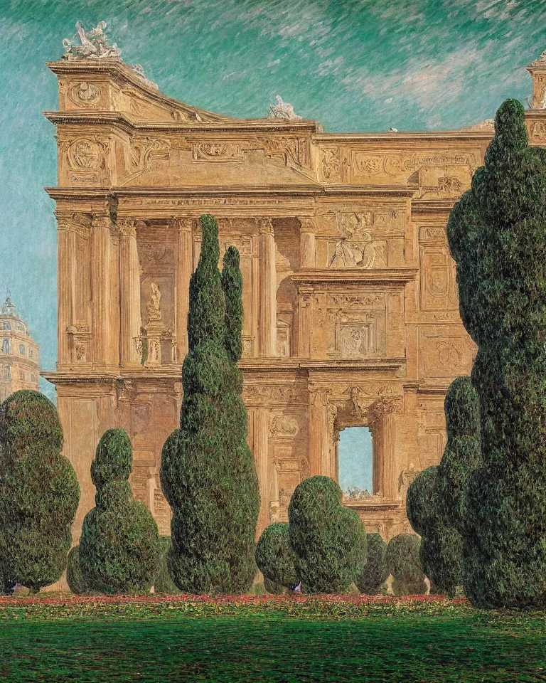 Image similar to achingly beautiful painting of intricate ancient victor emmanuel ii roma on jade background by rene magritte, monet, and turner. giovanni battista piranesi. giuseppe sacconi, ettore ferrari, manfredo manfredi, gaetano koch, pio piacentini