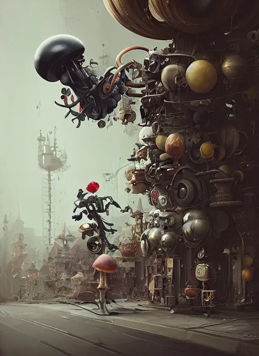 Image similar to a lively and whimsical dark apothecary, cinematic framing, where chrome robots shop grows from the stalk of a giant mushroom, cgsociety, siggraph, dystopian scifi, concept art, set design, oleg oprisco, conrad roset, anka zhuravleva, gediminas pranckevicius, cornell, kawasaki