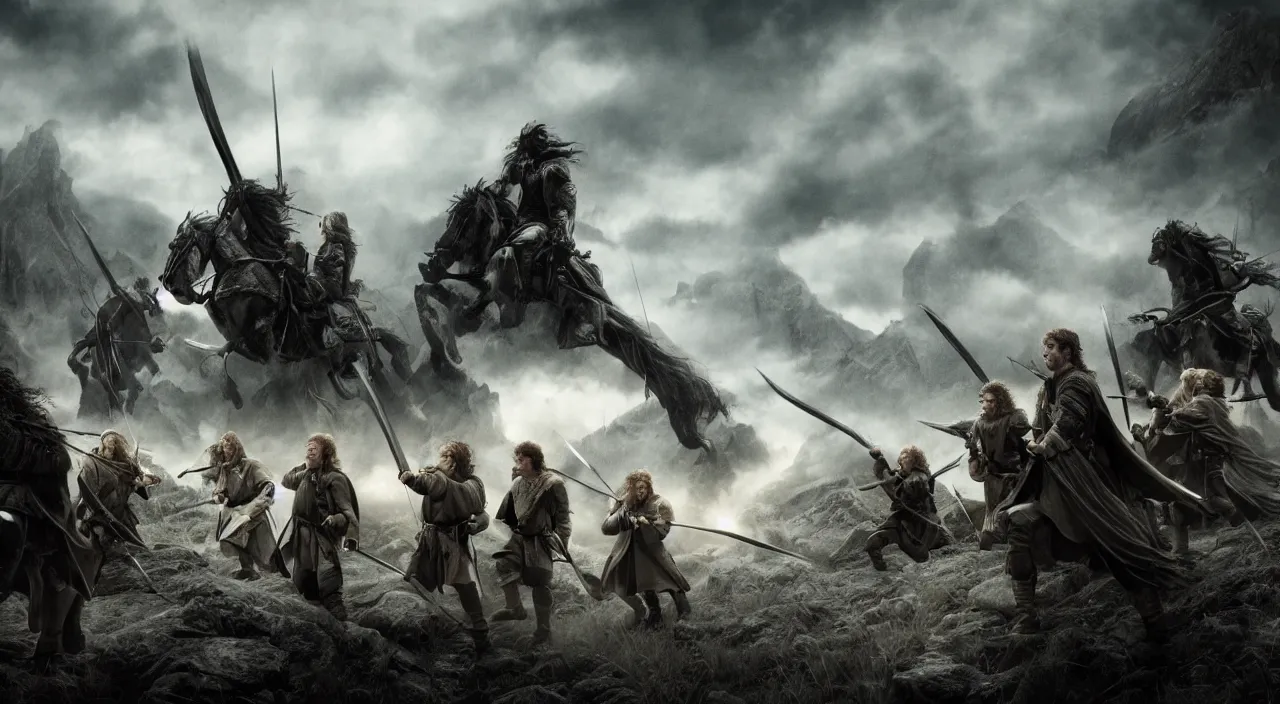 Image similar to the fellowship of the ring fighting with modern weaponry, lord of the rings aesthetic, in style of alan lee, cinematic, cinematic lighting, octane render, highly detailed