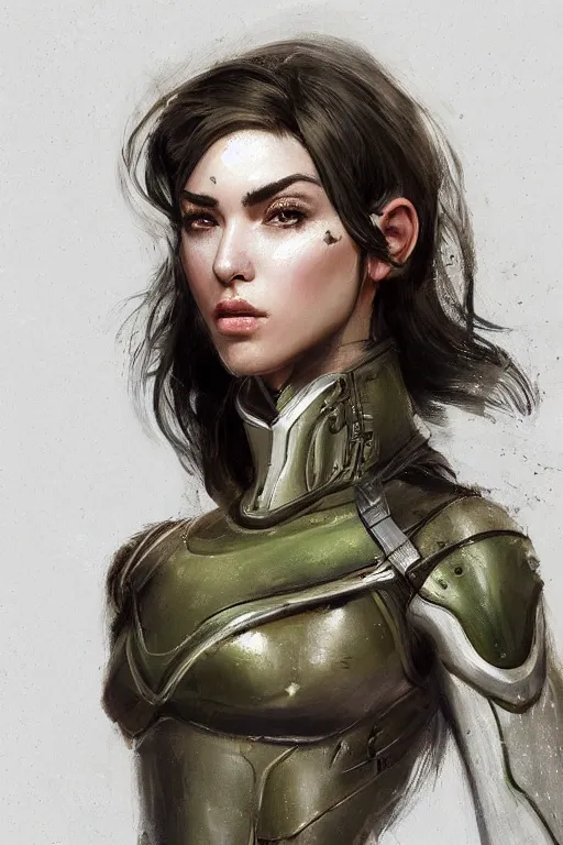 Image similar to a professionally painted portrait of an attractive young woman, clothed in military armor, olive skin, long dark hair, beautiful bone structure, symmetrical facial features, intricate, elegant, digital painting, trending on Artstation, concept art, smooth, sharp focus, illustration, from Metal Gear by Ruan Jia and Mandy Jurgens and Artgerm and William-Adolphe Bouguerea, award winning