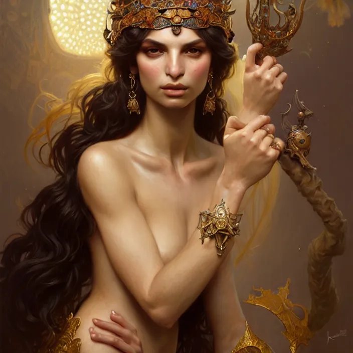 Image similar to ancient queen emily ratajkowski, diffuse lighting, fantasy, intricate, elegant, highly detailed, lifelike, photorealistic, digital painting, artstation, illustration, concept art, smooth, sharp focus, art by john collier and albert aublet and krenz cushart and artem demura and alphonse mucha