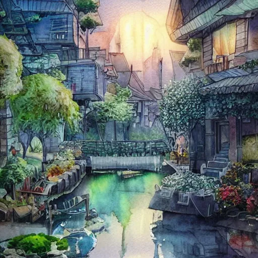 Prompt: Beautiful happy picturesque charming sci-fi town in harmony with nature. Beautiful light. Water and plants. Nice colour scheme, soft warm colour. Beautiful detailed artistic watercolor by Vincent. (2060)