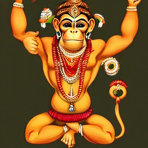 Prompt: beautiful illustration of lord hanuman, the monkey god, doing a front split with arms up