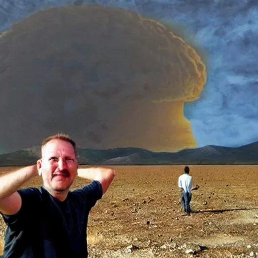 Image similar to last selfie before end of earth, nukes at background, very scarry and depressing