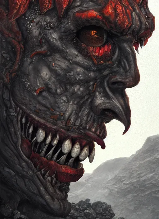 Image similar to close up portrait of a gay monster in the mountains of hell, oil painting by tomasz jedruszek, cinematic lighting, pen and ink, intricate line, hd, 4 k, million of likes, trending on artstation