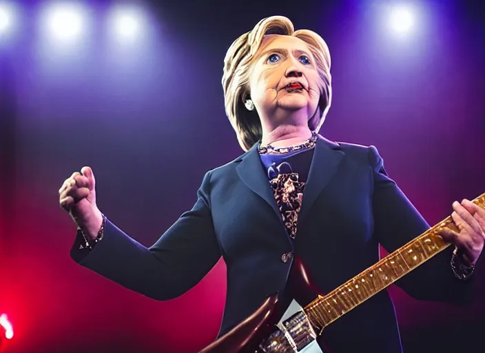 Image similar to publicity photo still of hillary clinton in a death metal band playing live on stage, 8 k, live concert lighting, mid shot