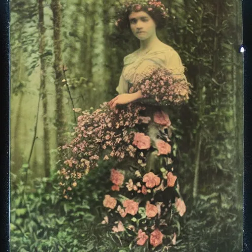 Image similar to portrait of a beautiful woman covered in flowers, Forest, ray gods, 1910 polaroid photography