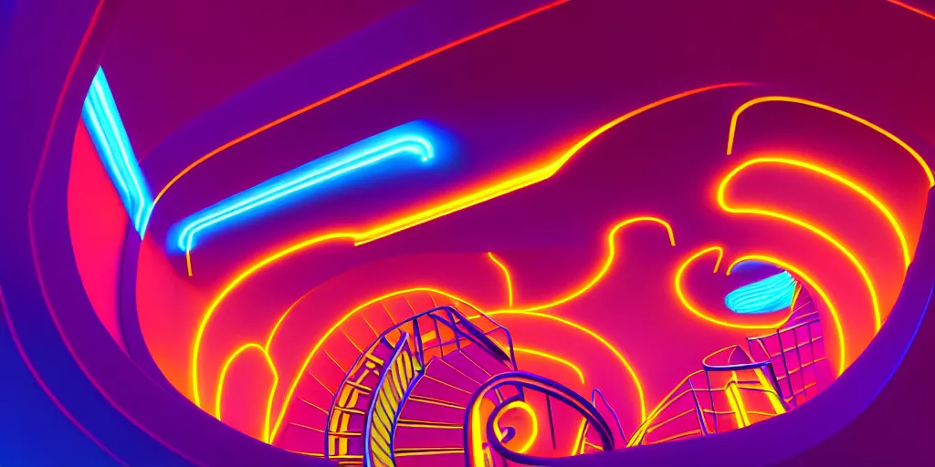 Image similar to spiral lines, minimalistic, extreme wide angle, curved perspective, digital art, subsurface scattering, indoor casino staircase, by anton fadeev, lorax movie, cotton candy smoke, artstation, neon lights