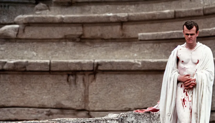 Image similar to 1 9 6 0 s movie still close - up of caligula in a white toga stabbed to death bleeding heavy blood on ancient amphitheater's stairs, cinestill 8 0 0 t 3 5 mm, high quality, heavy grain, high detail, dramatic light, anamorphic, blood