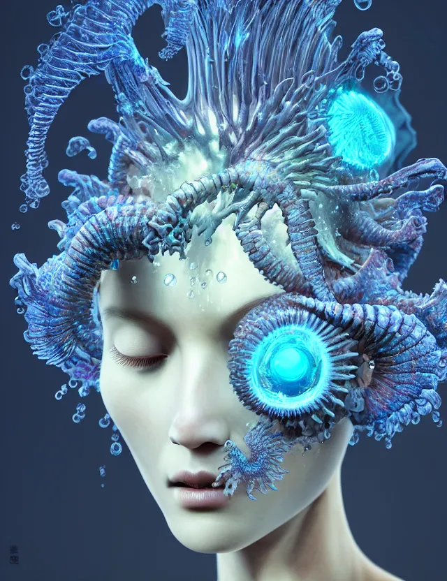 Image similar to 3 d goddess macro close - up portrait wigh crown made of ram skull. betta fish, jellyfish phoenix, bioluminiscent, plasma, ice, water, wind, creature, super intricate ornaments artwork by tooth wu and wlop and beeple and greg rutkowski