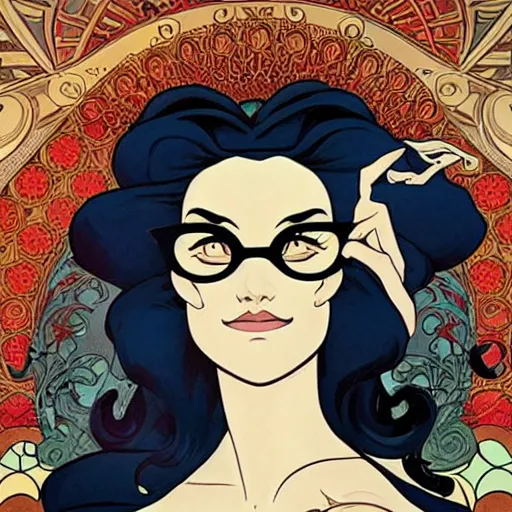 Prompt: a beautiful woman wearing glasses reading a book, cel shaded art by josan gonzalez and jamie hewlett and alphonse mucha