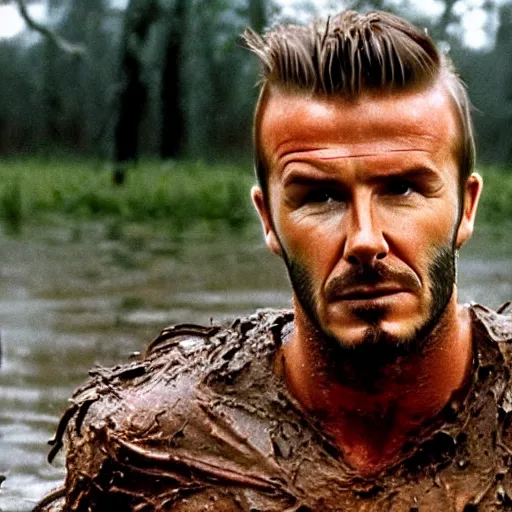 Image similar to cinematic still of david beckham wearing manchester united uniform, covered in mud and watching a predator in a swamp in 1 9 8 7 movie predator, hd, 4 k