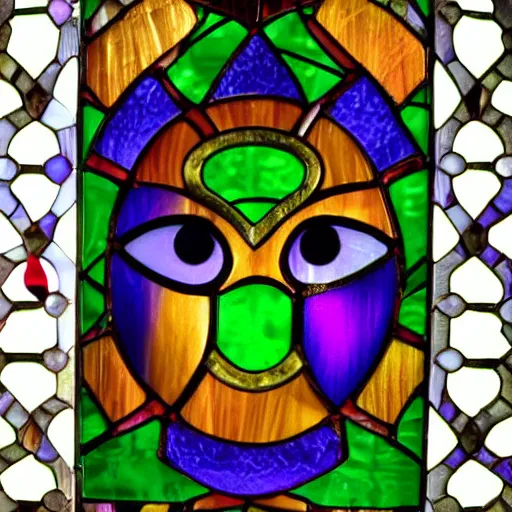 Prompt: majoras mask in stained glass set in an ornate wall. highly detailed image. very colorful.