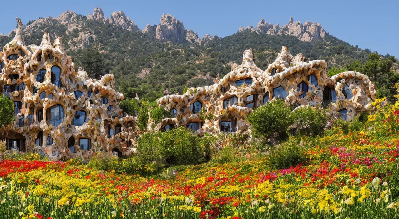 Prompt: a house designed by Antoni Gaudí, with flower fields as foreground, with mountains as background