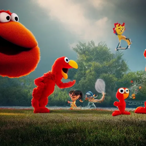 Image similar to stunning, coherent, impressive, detailed still of black family kicking elmo in a fantasy dream world park, follow shot, 3d, in the style of pixar, comic book style, 3d, highly detailed, sharp focus, bokeh, depth of field, 16k resolution, Unreal Engine 5, coherent, cinematic lighting, photorealistic, by Zhang Jingna