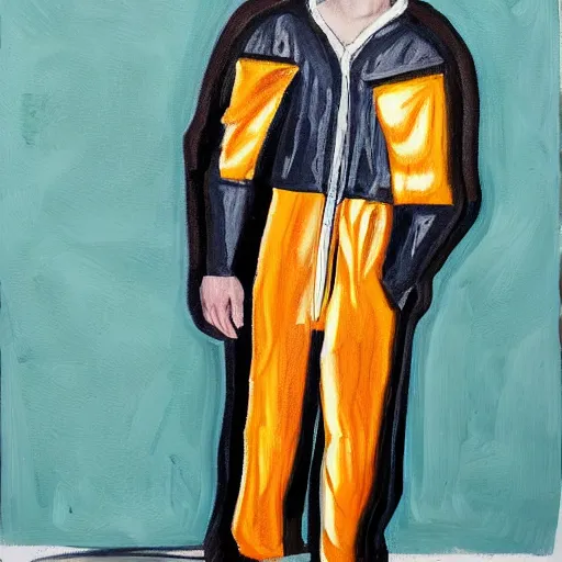 Prompt: teenager wearing a futuristic boiler suit, in a painterly style