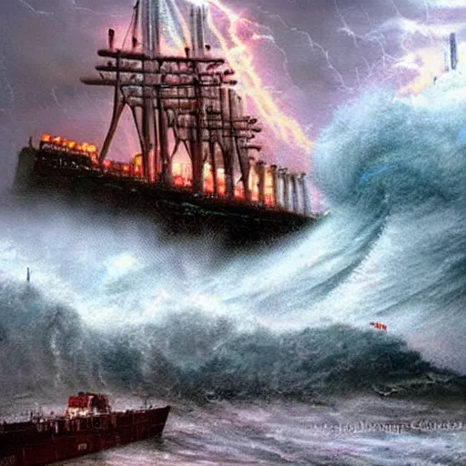 Prompt: A dark stormy night at sea, huge ships rolling in the massive waves, lightning bolts everywhere, kinetic, angry, vivid, beautiful, artist John Kinkade