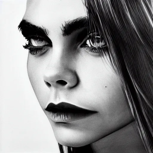 Image similar to minimalistic black and white portrait of cara delevigne, ink on canvas, trending on artstation, eyes, eyebrows, nose, lips, detailed, art