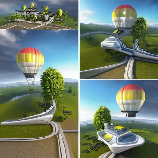 Image similar to futuristic hot air balloon house, ultra realistic, intricate details, highly detailed, photorealistic, 8 k, vegetation, water