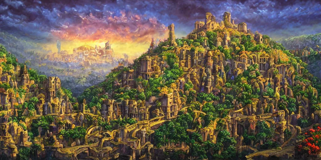 Image similar to fantasy oil painting, regale, refined, fortress mega structure city, antep, argos, indore, ellora, hybrid, looming, small buildings, warm lighting, street view, overlooking, epic, lush plants flowers, rainforest mountains, bright clouds, luminous sky, outer worlds, cinematic lighting, michael cheval, david palladini, oil painting, natural tpose