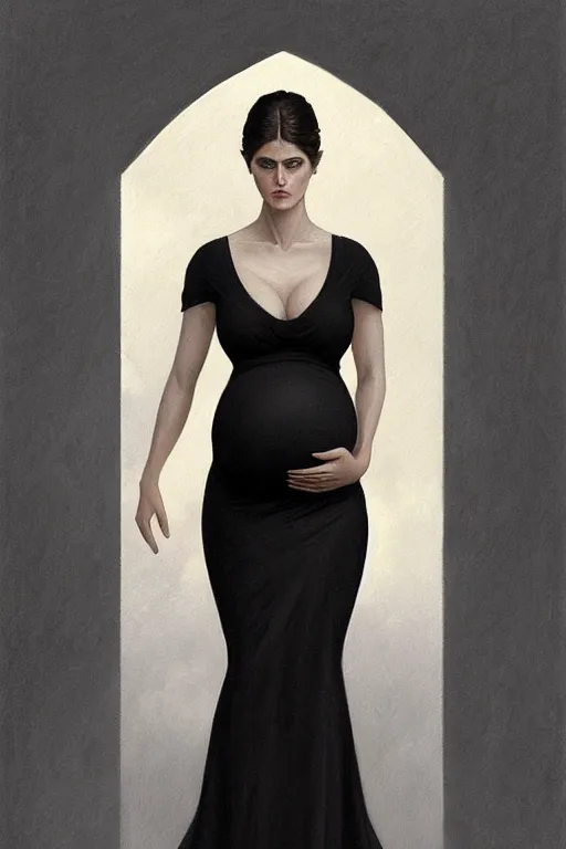 Image similar to pregnant alexandra daddario in a black dress, realistic portrait, symmetrical, highly detailed, digital painting, artstation, concept art, smooth, sharp focus, illustration, cinematic lighting, art by artgerm and greg rutkowski and alphonse mucha