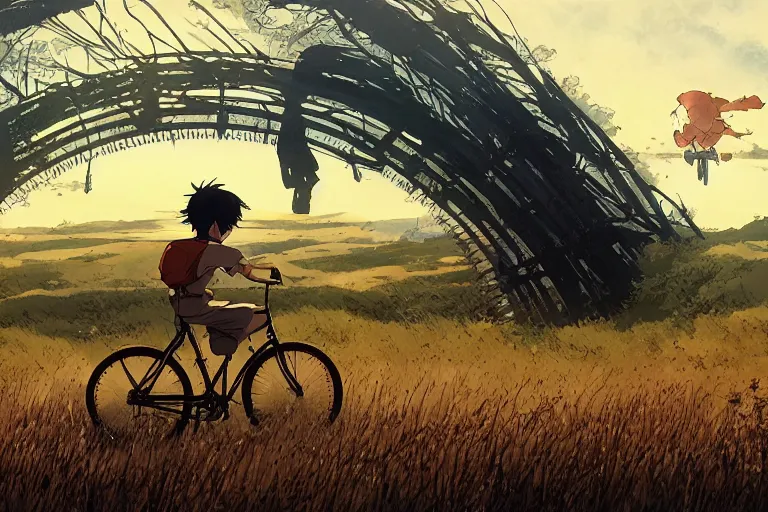 Image similar to a boy riding his bike alone through the plains of rural japan, high intricate details, rule of thirds, golden ratio, cinematic light, anime style, graphic novel by fiona staples and dustin nguyen, by beaststars and orange, peter elson, alan bean, studio ghibli, makoto shinkai