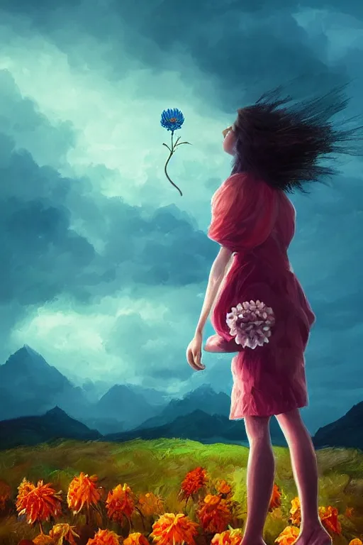 Prompt: closeup girl with giant dahlia flower as head, standing on mountain, surreal photography, blue storm clouds, dramatic light, impressionist painting, digital painting, artstation, simon stalenhag