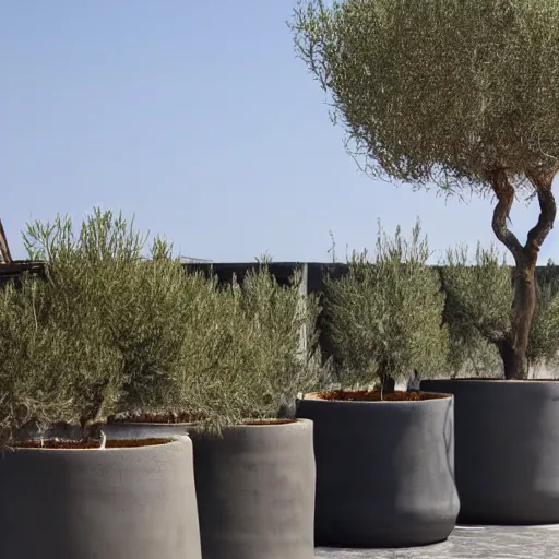 Image similar to large concrete pot on the rooftop, olive trees, comfortable for seating