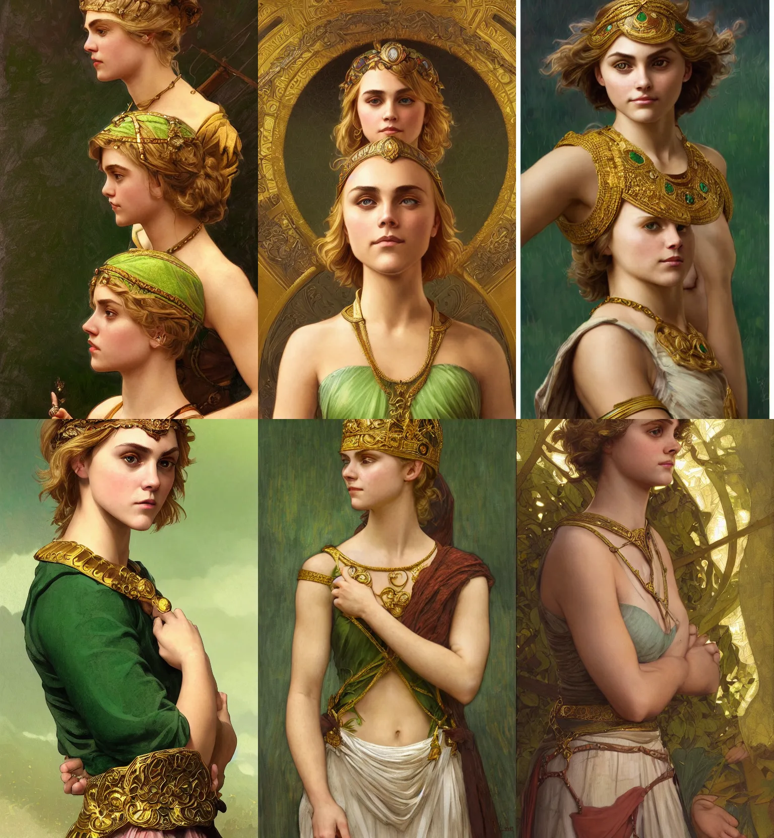 Prompt: portrait of Annasophia Robb as gaulish princess, olive skin, short blond haircut, beautiful, golden torc collar, green background, intricate, elegant, highly detailed, digital painting, artstation, concept art, smooth, sharp focus, illustration, art by greg rutkowski and alphonse mucha and bouguereau