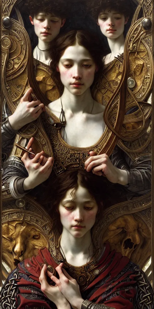 Image similar to masterpiece veracious pertinence salve Reginae, masterpiece by Edgar Maxence and Ross Tran and Michael Whelan and Caravaggio artistic, intricate drawing, realistic fantasy, extremely detailed and beautiful aesthetic celtic face, establishing shot, 8k resolution, dramatic lighting,