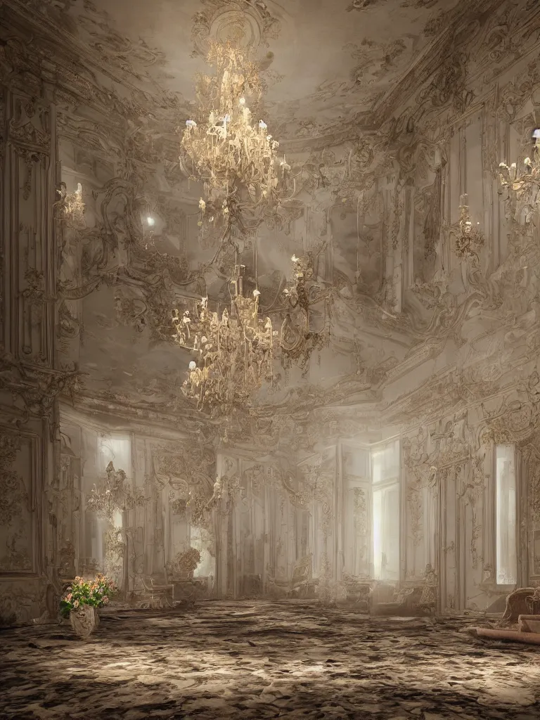 Prompt: an abandoned rococo salon, with flowers and plants, drapery, Dramatic, 8K, Lonely, warm lighting, god rays, super detailed, intricate, Octane render, artstation