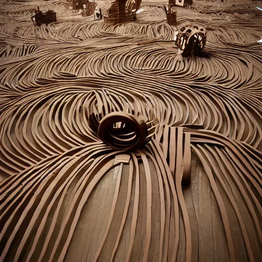 Image similar to tentacles made of brown corrugated cardboard, cut out of cardboard, realistic photography, fantasy