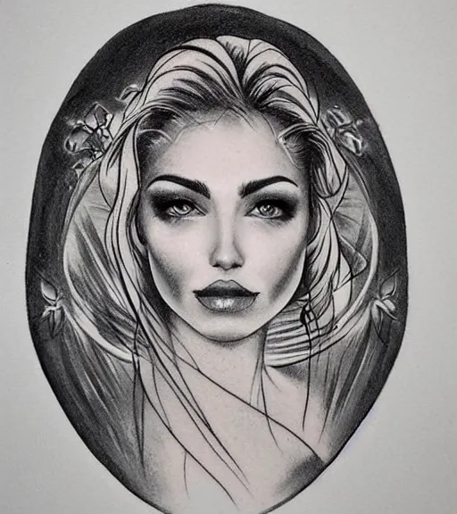 Image similar to tattoo design sketch of a beautiful woman face with a faded background of beautiful mountains and nature on her side, hyper - realistic, in the style of den yakovlev, amazing detail, black and white