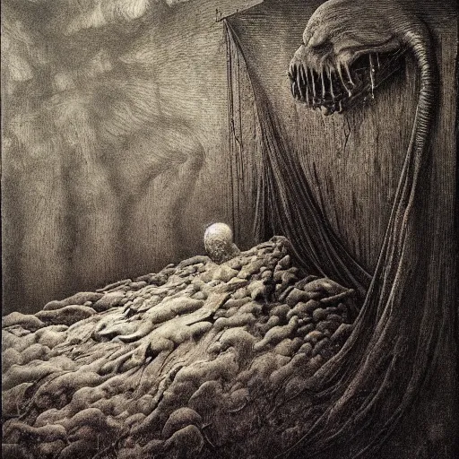 Prompt: paralyzed sleep beksinski, eldritch, apocalypse, creepy creature, horror spooky