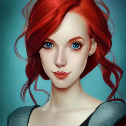 Image similar to a portrait of a young woman with red hair, smart, rich, fancy clothes, artist, artistic, shallan davar, blue eyes, beautiful, smiling, thick hair, dnd, artgerm style