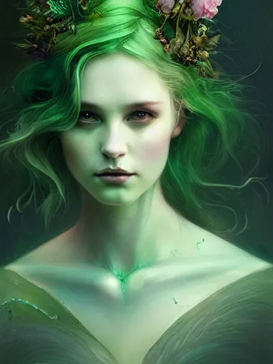 Image similar to green!! forest fae ; by james jean, charlie bowater, tom bagshaw, nikolay makovsky, melanie delon : : enchanting, ethereal, magical, glowing, sparkle, iridescent, flowerpunk, portrait, character design, illustration, hyperrealism, photorealism, digital art, concept art, dark fantasy, weta, wlop, artstation