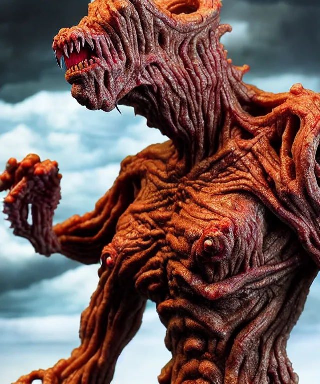 Image similar to hyperrealistic rendering, epic boss battle, cronenberg flesh monster, by art of skinner and richard corben, product photography, collectible action figure, sofubi, hottoys, storm clouds, outside, lightning