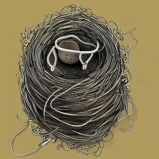 Prompt: Pencil sketch of a bird nest made out of earphones and earphone cables, eggs, detailed, professional art