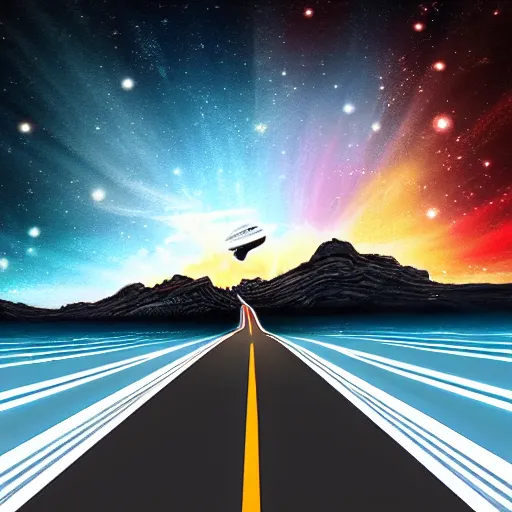 Prompt: endless piano road in space, digital art