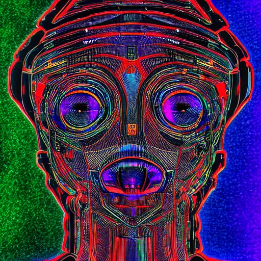 Image similar to photo of a black tshirt with a hyperdetailed trippy futuristic robot head, 8 k, symetrical, flourescent colors, multicolored tshirt art,