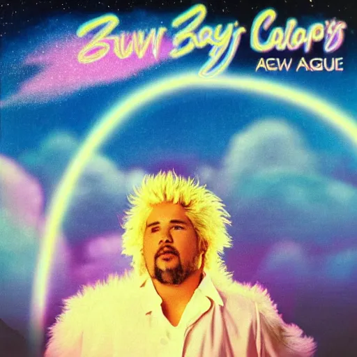 Prompt: 8 0 s new age album cover depicting a fluffy pink cloud in the shape of guy fieri, very peaceful mood